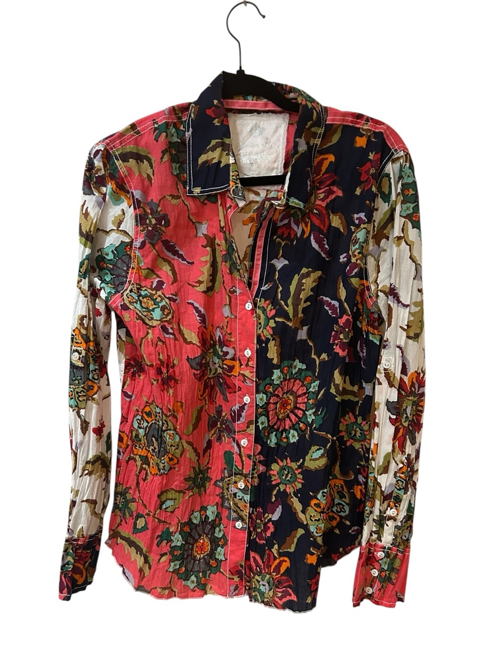 Cino by Sundance Floral Patchwork Button-Up Shirt in Coral, Navy & Cream size XL